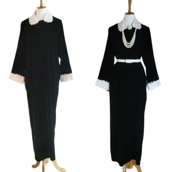 Vintage - 60's Eve Stillman Black Velvet White Satin Lace Collar and Cuff Robe